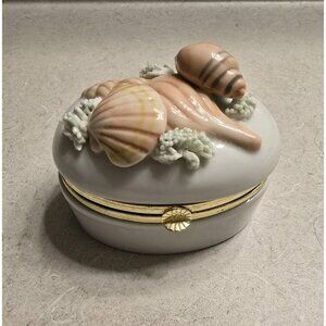 Fitz & Floyd Seashell Trinket Keepsake Box – Hinged Oval Porcelain 3" x 4"